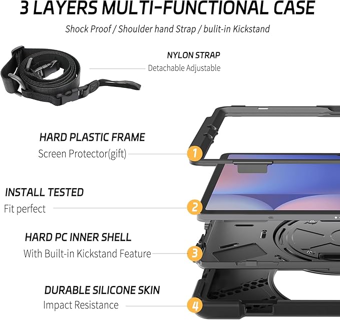 ZenRich Rugged Case for Samsung Galaxy Tab S10 Plus/S9FE Plus/S9 Plus 12.4 inch Galaxy Tab 12.4 Case with S Pen Holder 360 Ratable Stand Hand Strap Shoulder Belt
