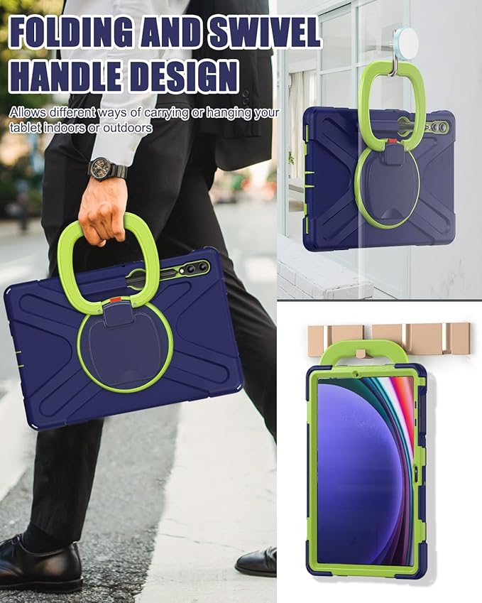 BRAECN Case for Samsung Galaxy Tab S10+/S9 FE+/S9+/S8+/S7 FE/S7+ 12.4” Rugged Silicone Cover w/S Pen Holder Screen Protector Handle Grip/Stand Shoulder Strap for Galaxy Tab S9 FE Plus Navy Green