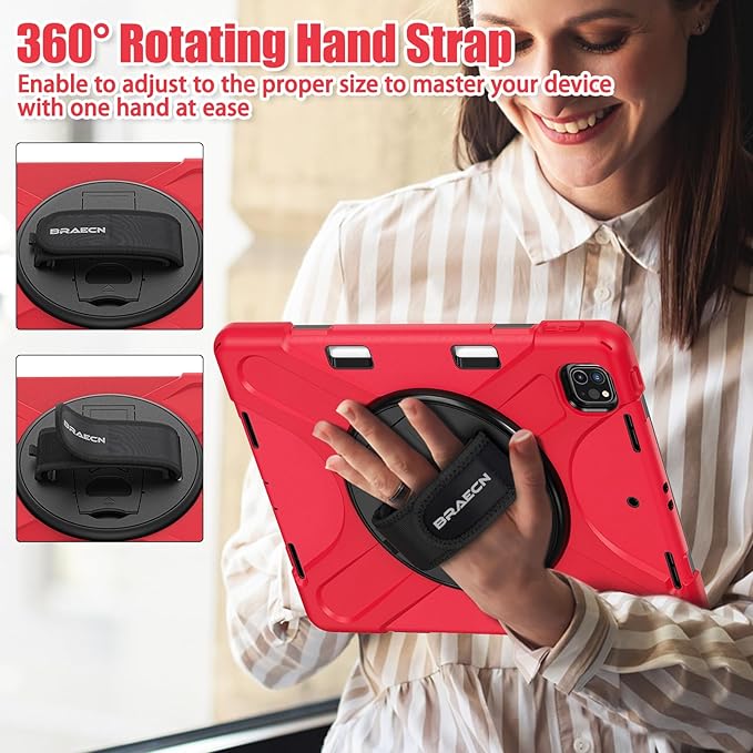 BRAECNstock Case for Apple iPad Air 13 inch (M4/M3/M2)/ iPad Pro 12.9 inch 6th/5th/4th/3rd Gen Shockproof Protective Case with Pencil Holder 360° Rotating Stand &amp Hand Strap Shoulder Strap Red