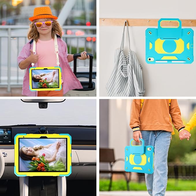 Case for iPad (A16) 2025 11th Gen 10.9'' iPad 10th Generation 2022 10.9'' with Tempered Glass Screen Protector Rugged Kid Case with Shoulder Strap/Pencil Holder/Folding Stand (Blue+Yellow)