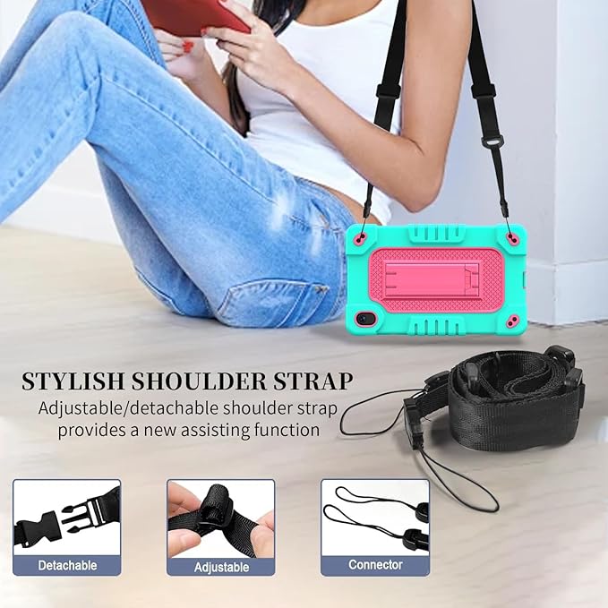 Shockproof Case for Walmart Onn 7 inch Tablet Case (2024 Model 100135924) Rugged Kids Friendly Case with Screen Protector Shoulder Strap Kickstand for Onn 7 4th Gen 2024 Model (GreenPink+2Pcs)