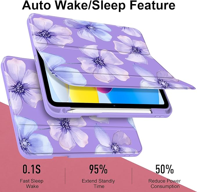 Case for iPad (A16) 11th Generation 11 inch 2025 /iPad 10th Gen 10.9 2022- Cute Patterns Violet Cover with Clear Back Shell Auto Wake Sleep Trifold Stand &amp Pencil Holder Blue Floral