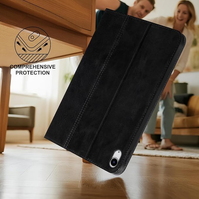 Gexmil Leather Case for iPad (A16) 11th Generation 11 Inch 2025 iPad 10th Generation 10.9 Inch 2022Protective Full Grain Leather Cover Support Auto Sleep/WakeAnti SlipSanded Black