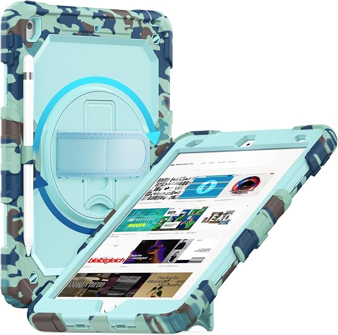 Case for iPad 9th/ 8th/ 7th Generation 10.2'' Shockproof 360° Rotating Hand Strap &amp Kickstand Protective Cover with Screen Pencil Holder for iPad 10.2 inch 2021-2019 Camo Blue