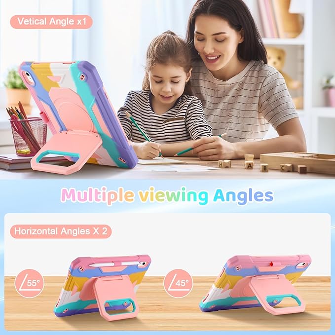 Case for iPad (A16) 2025 11th Gen 10.9'' iPad 10th Generation 2022 10.9'' with Tempered Glass Screen Protector Rugged Kid Case with Shoulder Strap/Pencil Holder/Folding Stand (Rainbow)