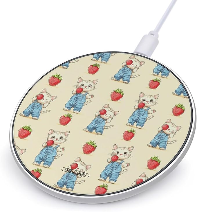 Cute Cat Strawberry Wireless Charger Anti-Slip Wireless Charging Pad Slim Charger Mat for Men Women