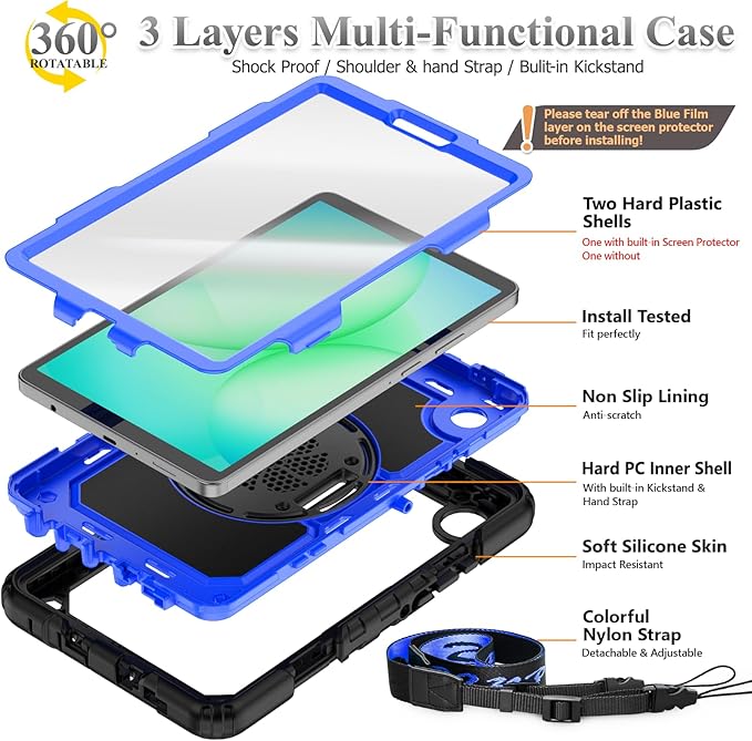 SEYMAC stock Case for Samsung Galaxy Tab A11 8.7'' Full-Body Drop Protection Case with Screen Protector Pencil Holder [360° Rotating Hand Strap] &ampStand Blue+Black