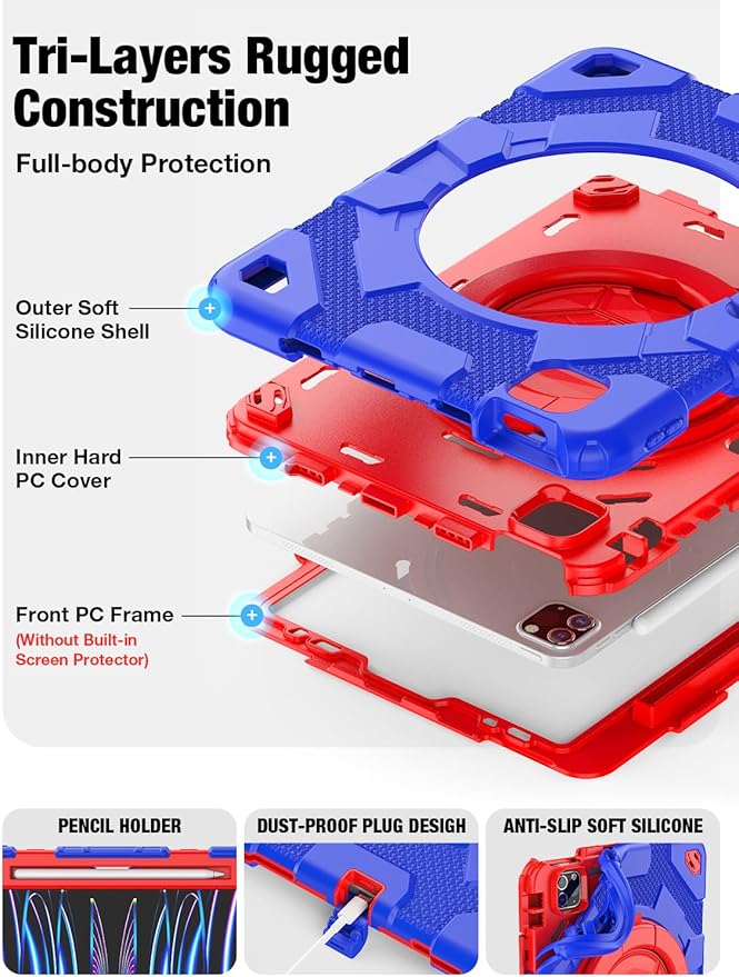 SCSVPN Kids Case for iPad Air 5th/4th Generation 10.9-inch 2022/2020 &amp iPad Pro 11'' 4th/3rd/2nd/1st Gen 2022 2021 2020 2018 Protection Case with Pen Holder Stand Handle Shoulder Strap Red Blu