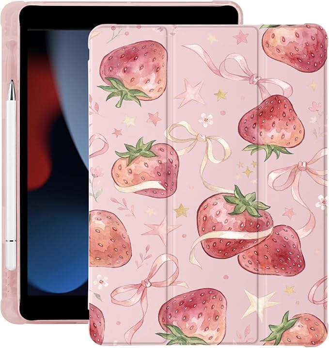 Cute Strawberry Ribbon Bow for iPad Pro 13 Inch Case (M5/M4) 2025/2024 with Pencil Holder Auto Sleep/Wake Pink Leather Soft TPU Back Cover