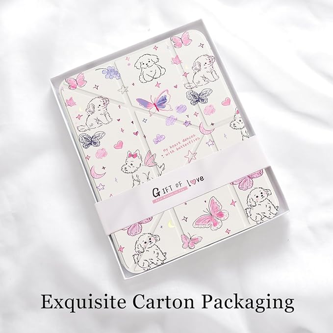 Cute Kawaii Puppy Butterfly for iPad Pro 11 Inch Case (M5/M4) 2025/2024 with Pencil Holder Auto Sleep/Wake White Leather Acrylic Back Detachable Cover