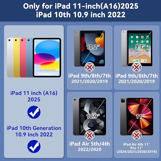 Grifobes for iPad A16 11th/10th Generation Case 2025/2022 for 11 Inch/10.9 Inch iPad Case Cover with Screen Protector 360°Rotate Stand Hand &amp Shoulder Strap Pencil Holder for Kids Navy Blue
