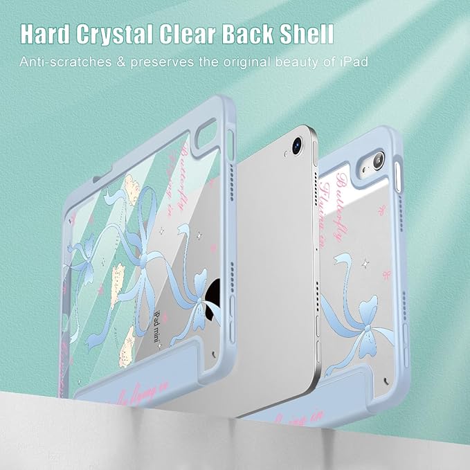 Mektron Printed Case for iPad mini 7 (A17 Pro) 2024/ Mini 6 2021 iPad mini 7th/6th Generation 8.3-inch Liquid Retina Display Cover Buit in Pencil Holder with Clear Back Shell Blue Bows-Sheep