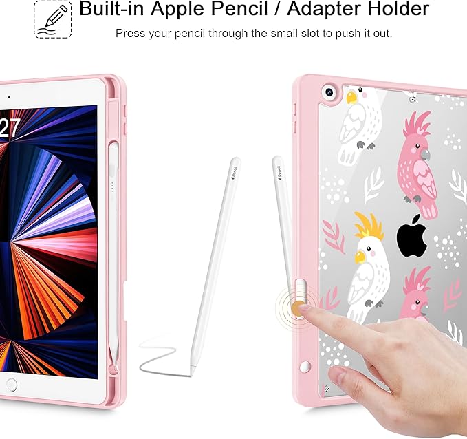 for iPad 9th Generation with Pencil Holder iPad 8th/7th Gen Case 10.2-inch [Built in Pencil Holder] Trifold Stand Auto Wake/Sleep Clear TPU Protection Back Cover Parrots