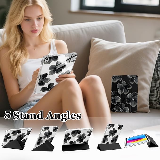 Cute Floral Flower for iPad Pro 11 Inch Case (M5/M4) 2025/2024 with Pencil Holder Auto Sleep/Wake Black Leather Acrylic Back Detachable Cover