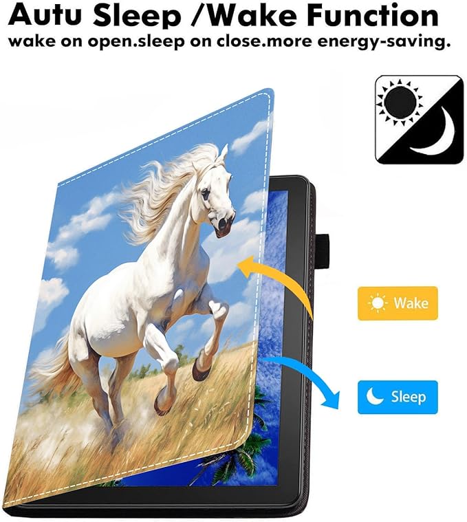 Case for Amazon Kindle Fire 7 Tablet (7 9th/7th Generation 2019/2017 Release) Slim PU Leather Cover with Card Slot &amp Auto Wake/Sleep Running White Horse