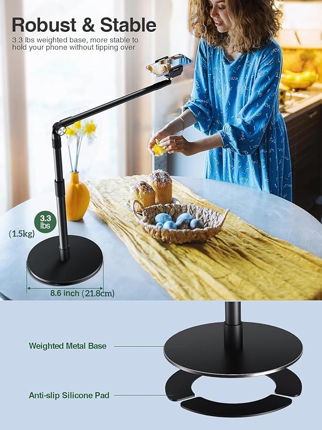 elitehood Heavy Duty Aluminum Overhead Phone Stand 15 in Long Arm iPhone Holder for Video Recording 360 Degrees Swivel Tilt Overhead Phone Mount for Filming Meeting Cooking Painting and Crafting