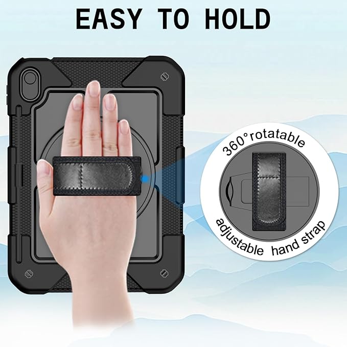 MENZO Case for iPad A16 11th Generation 11 Inch 2025 iPad 10th Gen 2022 10.9 inch 360° Rotating Stand Built-in Pencil Holder Convenient Hand and Shoulder Strap Durable Shockproof Black