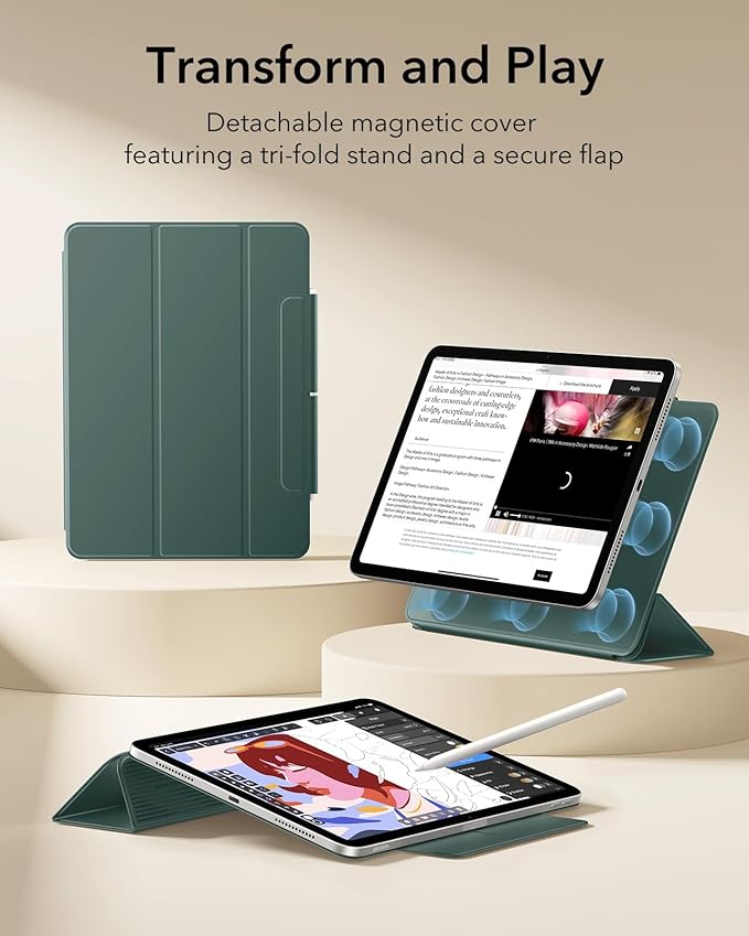 ESR for iPad Air 13 Inch Case M4/M3/M2 (2026/2025/2024) iPad Pro 12.9 Case Powerful Magnetic Attachment Slim Trifold Stand Case Supports Pencil Pro &amp Pencil (USB-C) Rebound Series Green