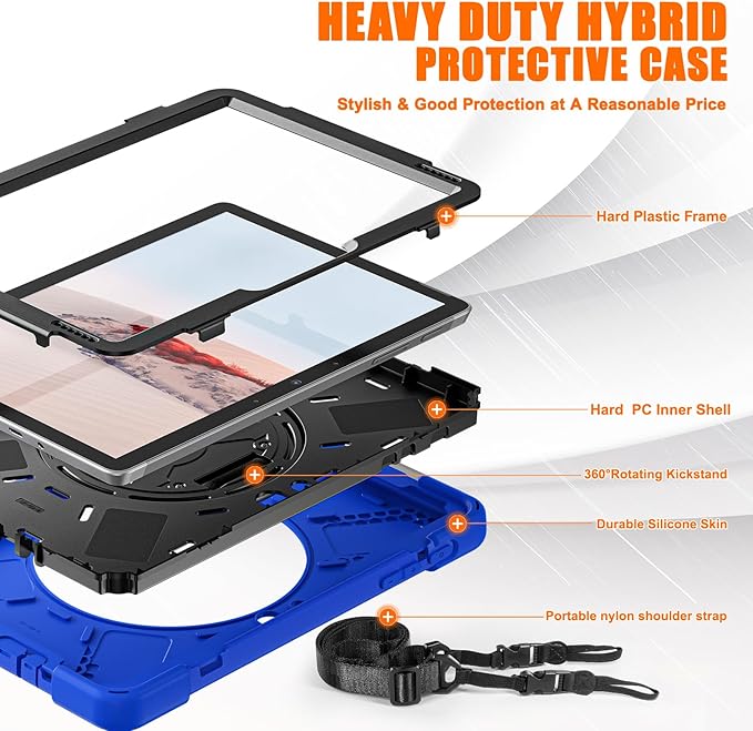 ZenRich Rugged Case for Surface Go 4 (2023)/Surface Go 3 (2021)/ Surface Go 2 (2020) Surface Go (2018) with Pen Holder Heavy Duty Shockproof Case with Stand Hand Strap and Shoulder Belt-Blue