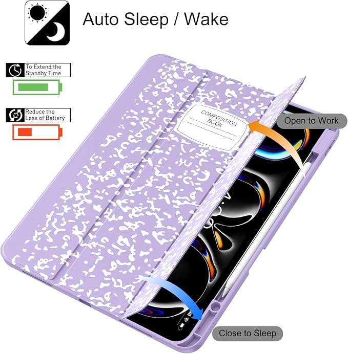 Soke Case for New iPad Pro 13 Inch (M5/M4 2025/2024 Release) with Pencil Holder Trifold Stand Shockproof [Support Apple Pencil Charging + Auto Wake/Sleep] Soft TPU Back Cover Book Lilac