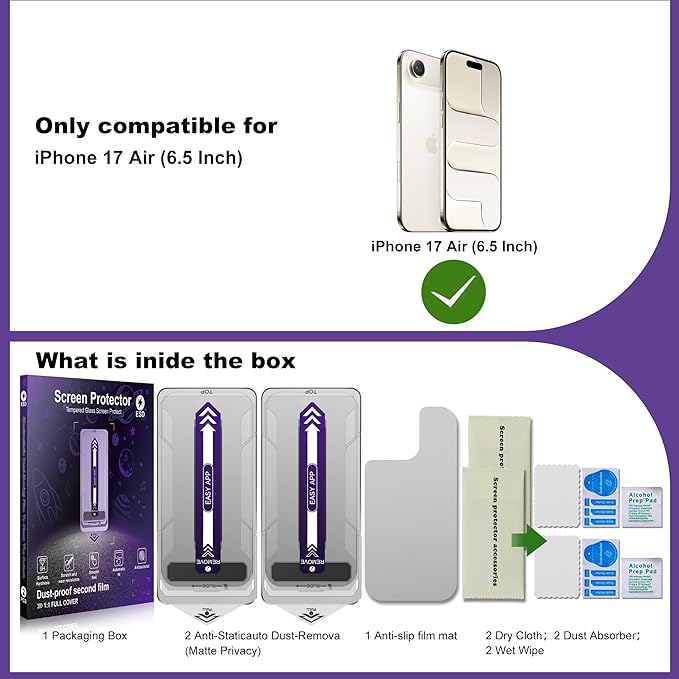 2-Pack Matte Privacy Screen Protector for iPhone AirAnti-Glare &amp 25°Anti-SpyAnti-ReflectionAnti-FingerprintAuto Dust RemovalEasy Installation