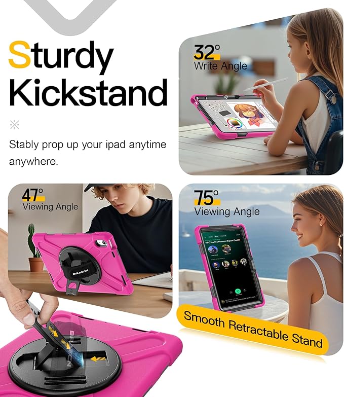 BRAECN for iPad (A16) 11th/10th Generation case 11/10.9 inch 2025/2022 Heavy Duty Shockproof Protective with Pencil Holder Screen Protector 360°Rotating Stand Handle &amp Shoulder Strap Full Body Cov