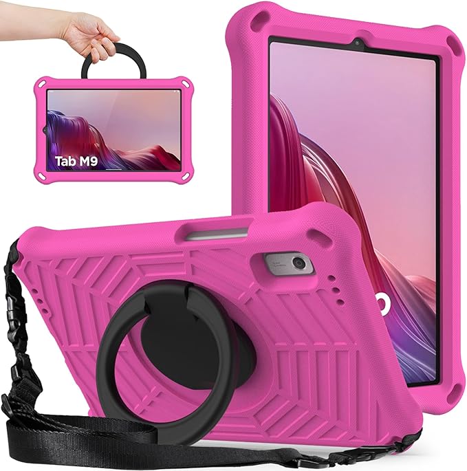 Compatible with Lenovo Tab M9 9.0 inch (TB-310FU) 2023 Case Tablet for Kids Light Weight EVA Rugged Shockproof Full Cover 360 Rotating Handle Stand Case (Rose Red)