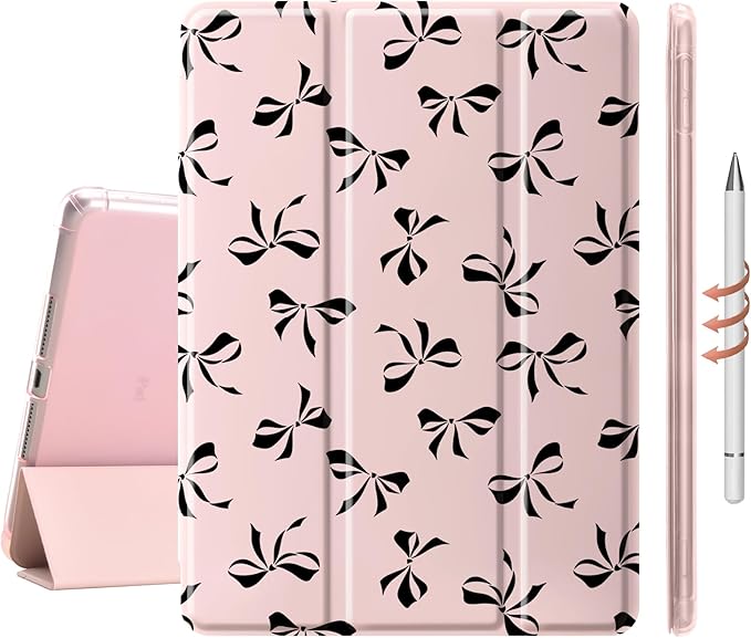 Idocolors Cute Black Bow Case for 10.5 iPad Pro(2017)/iPad Air 3 Tri-Fold Tablet Case with Auto Wake/Sleep &amp Pencil Holder - Vibrant Protective Cover for Women Girls and Teens (Pink)