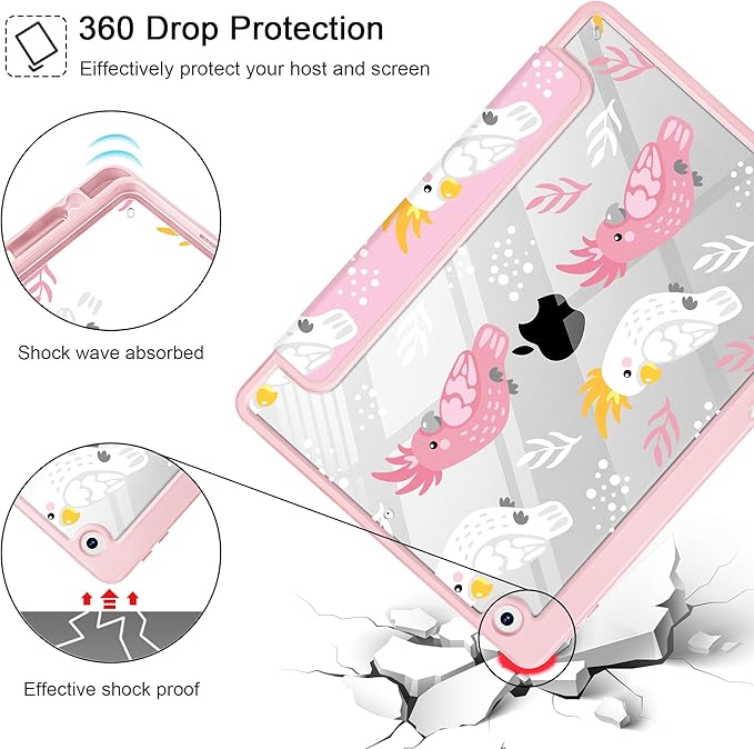 for iPad 9th Generation with Pencil Holder iPad 8th/7th Gen Case 10.2-inch [Built in Pencil Holder] Trifold Stand Auto Wake/Sleep Clear TPU Protection Back Cover Parrots
