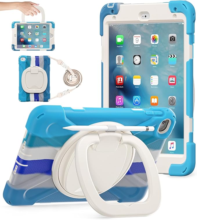 BATYUE for iPad mini 5/4 7.9 Inch Case (2019/2015) Heavy Duty Protective Cover with 360° Kickstand Detachable Shoulder Strap &amp Pencil Holder for Kids and Students - Colourful Blue