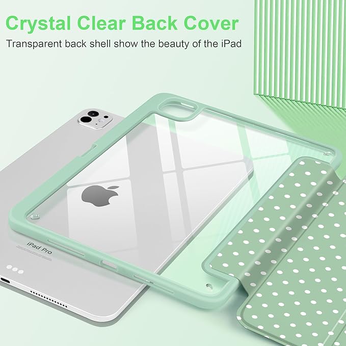 Case for iPad Pro 11 Inch (M5 2025 M4 2024) – [Built-in Pencil Holder] Shockproof &amp Stylish Clear Hard Back + Soft TPU Edge Magnetic Trifold Stand Auto Wake/Sleep Green White dot