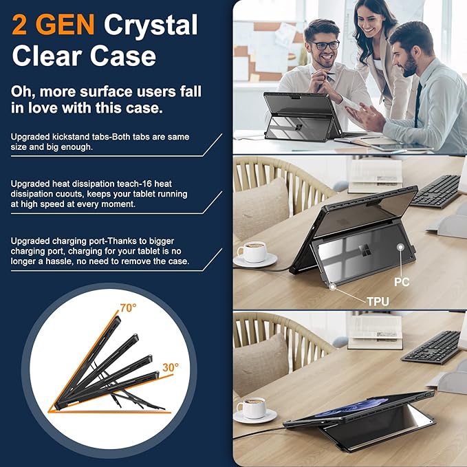 INFILAND Surface Pro 11/10/9 Case Crystal Clear Multi-Angle Shockproof for Microsoft Surface Pro 11th Edition AI 2024 Work with Surface Pro Signature Keyboard &amp Slim Pen 2 Mysterious Black