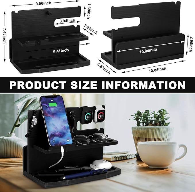 Gifts for Men Desk or Nightstand Organizer - Wood Phone Docking Station - Birthday Gifts for Husband Fathers Day for Dad - Anniversary Idea from Wife - Key Holder Stand Wallet Watch &amp Essential
