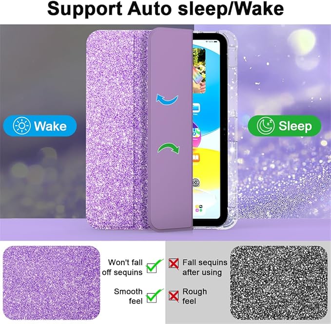 Case for iPad (A16) 11th Generation 11 inch 2025 &amp iPad 10th Generation 10.9 inch 2022 with Stand/Pencil Holder [Auto Wake/Sleep] Glitter Bling PU Leather &amp Clear Soft TPU Back Shell Purple
