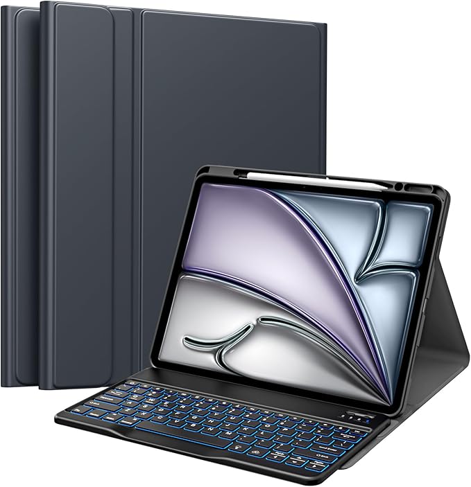 MoKo for iPad Air 13 Inch Case with Keyboard (M4 2026/ M3 2025/M2 2024) iPad Pro 12.9 inch (5th/6th Gen) Case with 7 Colors Backlit Pencil HolderMulti-Angle Detachable Bluetooth KeyboardSpace Gray
