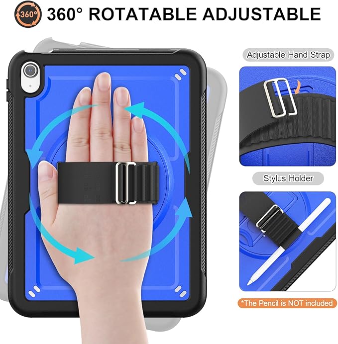 Timecity Case for iPad 11th/10th Generation 2025/2022: with Screen Protector 360 Rotating Stand Hand Strap Shoulder Strap Pencil Holder Full-Body Shockproof Protective Case -Darkblue