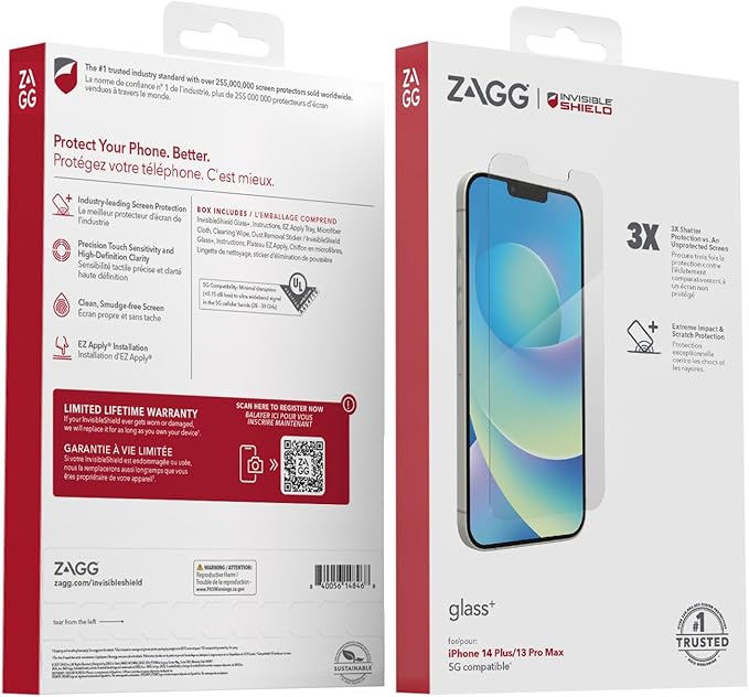 ZAGG Glass+ Screen Protector for iPhone 14 Plus/ 13 Pro Max - 3X Shatter Protection High Scratch Resistance Oil-Resistant Reinforced EdgesInvisibleShield Easy Install