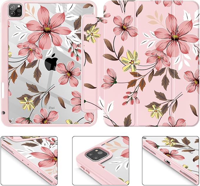 Mektron Case for iPad Pro 11 inch (4th 3rd 2nd &amp 1st Gen) 2022 2021 2020 2018 Buit in Pencil Holder with Shockproof Cover Clear Shell + Trifold Stand + Auto Wake/Sleep Floral C293