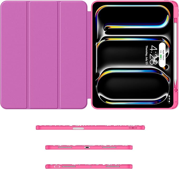 Soke Case for New iPad Pro 13 Inch (M5/M4 2025/2024 Release) with Pencil Holder Trifold Stand Shockproof [Support Apple Pencil Charging + Auto Wake/Sleep] Soft TPU Back Cover Book Hot Pink
