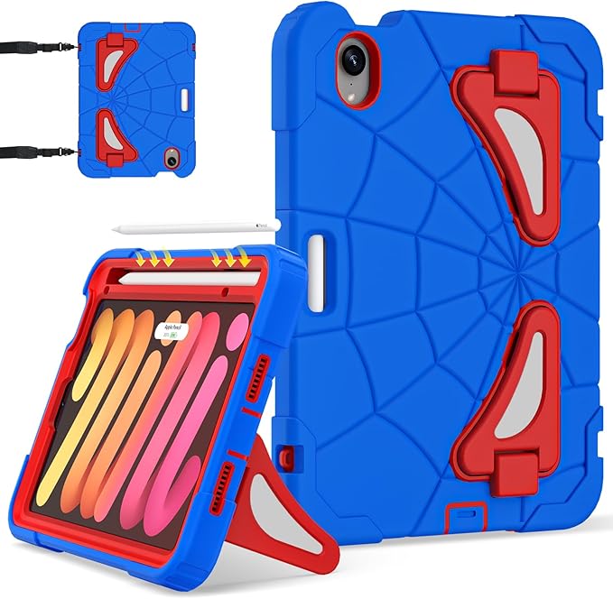 Case for iPad mini 7 (A17 Pro) 2024 iPad mini 6 2021 8.3-Inch Kids Friendly Shockproof Cover with Kickstand Shoulder Strap Pen Holder Support Pencil Pro &amp Pencil USB-C Blue Red
