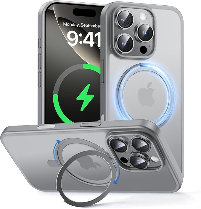 MAGIC JOHN 360° Rotatable Magnetic Invisible Stand for iPhone 16 Pro Max Case [Camera Control Button] [Compatible with MagSafe] 16FT Shockproof for iPhone 16 Pro Max Case with Kickstand Gray