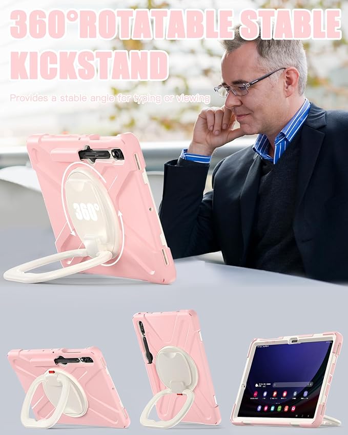BRAECN Case for Samsung Galaxy Tab S10+/S9 FE+/S9+ 12.4” 2024 Rugged Silicone Cover with Shoulder Strap/S Pen Holder/Screen Protector/Kickstand/Handle Grip for Tab S9+/S8+/S7 FE/S7+ Sakura Pink