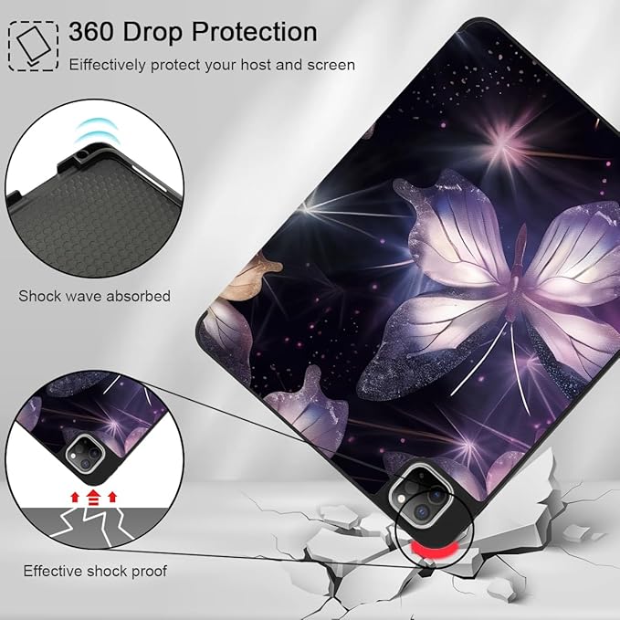 Mektron Case for M5/ M4 iPad Pro 11 inch 2025/2024 with Pencil Holder Compatible Models: A3357/A3358/A3359/A2836/A2837/A3006 Tablet Cover with Soft TPU Back CoverButterfly