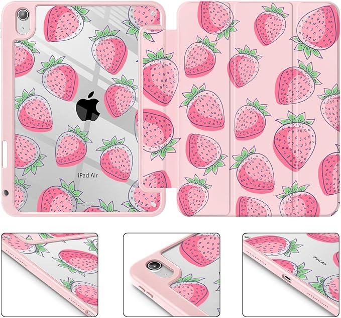Case for iPad Air 11'' (M4 2026/M3 2025/M2 2024)/ iPad Air 10.9'' Air 5th /4th Gen Shockproof Cover with Clear Back Shell &amp Penceil Holder Auto Wake/Sleep Stand Cover Strawberries