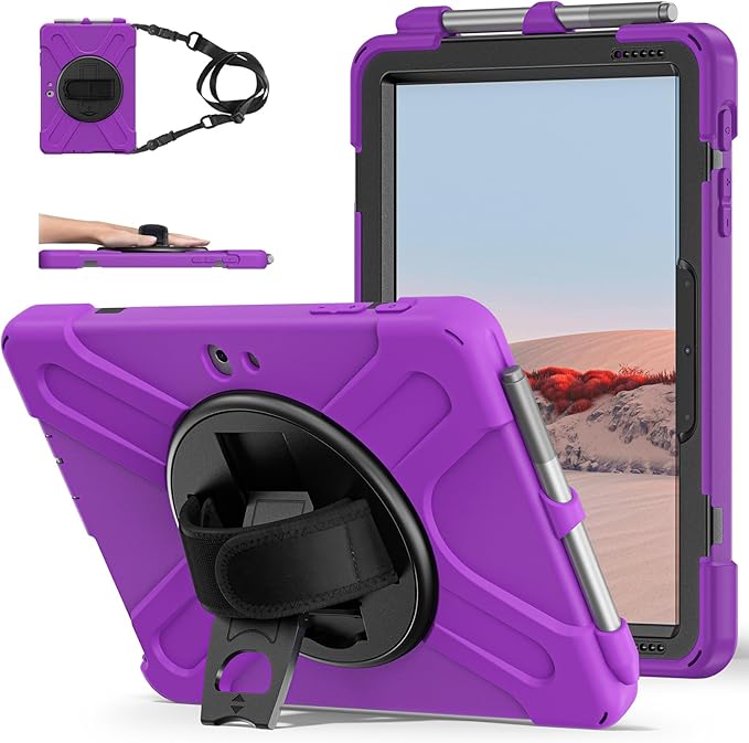 ZenRich Rugged Case for Surface Go 4 (2023)/Surface Go 3 (2021)/ Surface Go 2 (2020) Surface Go (2018) with Pen Holder Heavy Duty Shockproof Case with Stand Hand Strap and Shoulder Belt-Purple