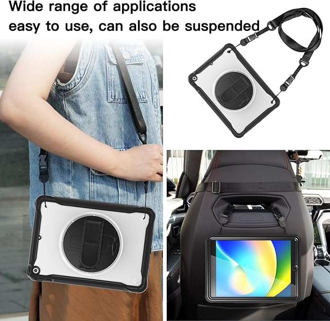 BRAECNstock for iPad 9th/ 8th/ 7th Generation Case 10.2 2021/2020/2019Shockproof Cover with 360° Rotating Hand Strap/StandScreen ProtectorCarrying Shoulder StrapPencil Holder(Black)