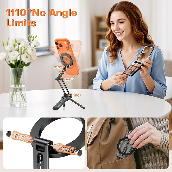 OMOTON TP06 [Equipped Lanyard] for MagSafe Tripod Hook with Magnet Back &amp Arca-Swiss Base 360°Rotating with 1/4 Screw Magnetic Phone Tripod for iPhone 17/16 Pro Max Air Fits Vlog Travel Gym