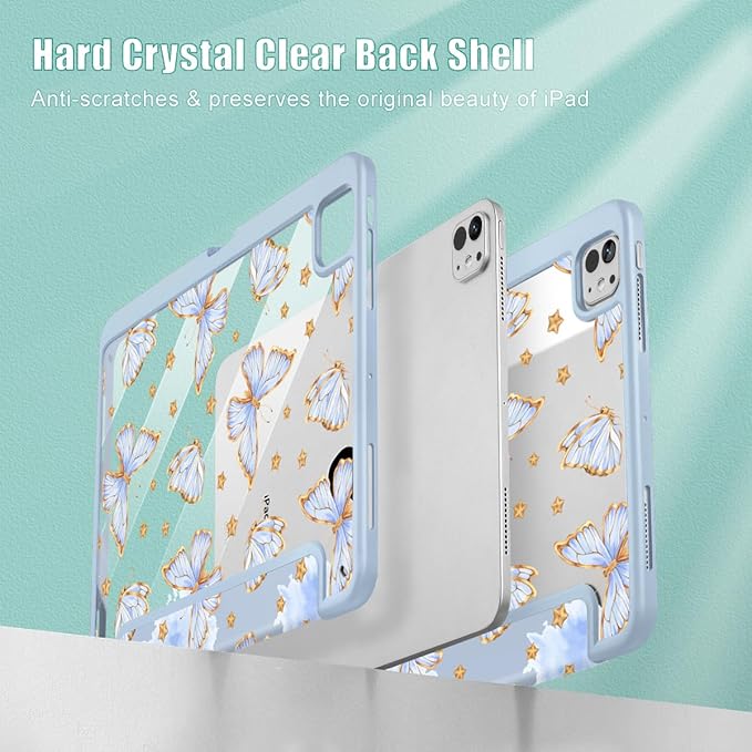 Tuiklol for iPad Pro 11 Inch (M5 2025 / M4 2024) Case Buit-in Pencil Holder with Slim Clear Back Cover Protection Trifold Stand-Auto Wake/Sleep Tablet Case Black Flower Blue Butterfly