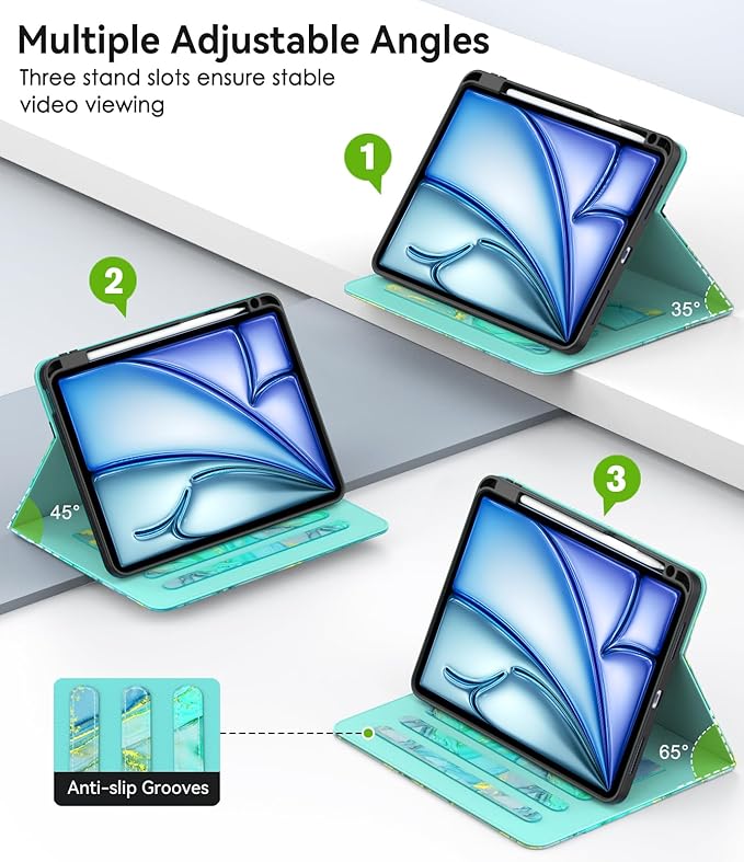 Case for iPad Air 11-inch M3/ M2 (2025/2024) iPad Air 5th/ 4th Generation 10.9'' (2022/2020) iPad Pro 11 (4th/3rd/2nd/1st Gen) Multi-Angle Stand Cover with Pencil Holder Marble Green