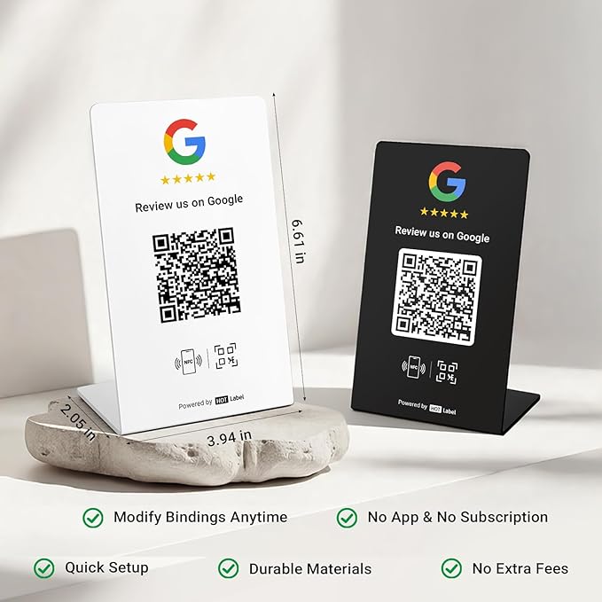 Hotlabel Review Stand 2-Pack + Black &amp White + for Boosting Google Reviews + NFC Tap &amp QR Code + Share 1 Independent Link (Supports 1 Store) + All Phones Compatible + No App/Subscription